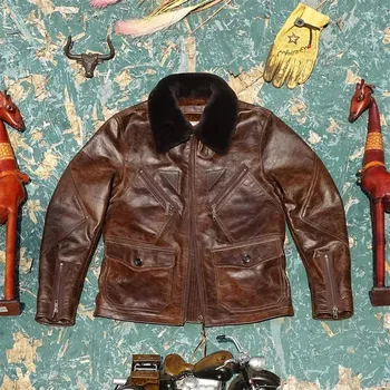 Moto bunda Leather Fashion Zateplená vintage bunda z hovězí kůže Barva: Hnědá, Velikost: 3XL