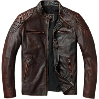 Moto bunda Leather Fashion Pánská kožená bunda z hovězí kůže v retro stylu Velikost: L, Barva (Varianta): Vintage Red Brown
