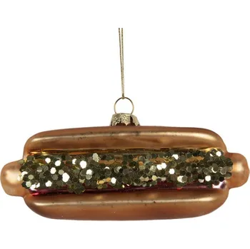 Vánoční ozdoba Skleněná vánoční ozdoba párek v rohlíku s flitrovou hořčicí – 13x4x6 cm