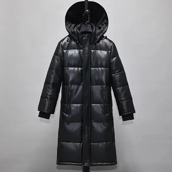 Moto bunda Leather Fashion Dlouhý zimní kabát z jehněčí kůže s péřovou výplní Barva: Černá, Velikost: M