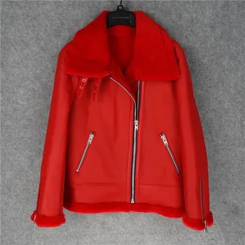 Dámský křivák Leather Fashion Dámský zimní kabát z pravé jehněčí kůže s kožichem Barva: Červená, Velikost: M