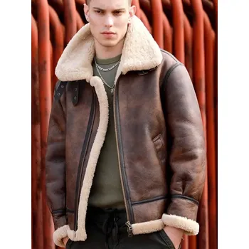 Moto bunda Leather Fashion Zimní pilotní bunda z pravé kůže s teplou vlněnou podšívkou Barva: Hnědá, Velikost: 48