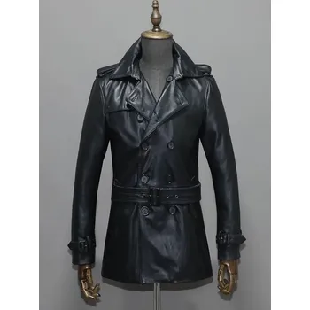 Hodinky Leather Fashion Středně dlouhý kabát z hovězí kůže s dvouřadým zapínáním Barva: Černá, Velikost: 85-95kgs