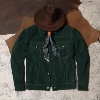 Moto bunda Leather Fashion Pánská pracovní bunda z hovězí semišové kůže v americkém stylu Barva: Zelená, Velikost: XL