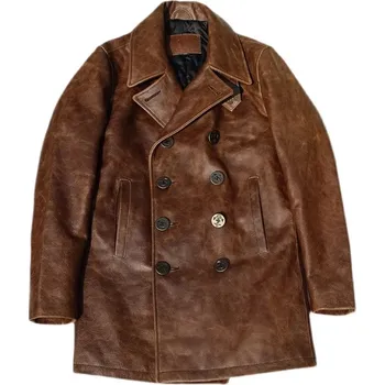 Moto bunda Leather Fashion Dvouřadý kožený kabát v námořnickém stylu z hovězí kůže Barva: Hnědá, Velikost: M