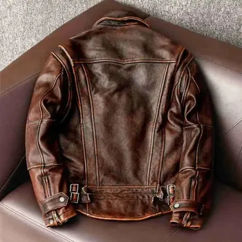 Moto oblečení Leather Fashion Vintage motorkářská bunda z hovězí kůže ve slim střihu Barva: Hnědá, Velikost: XL