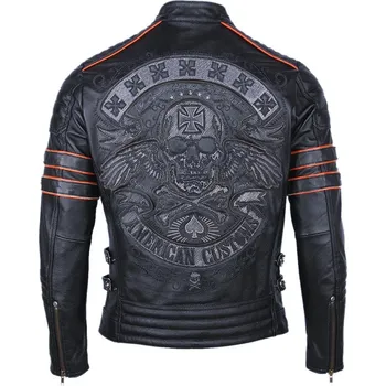 Moto bunda Leather Fashion Motorkářská bunda s výšivkou lebky z pravé hovězí kůže Barva: Černá, Velikost: M