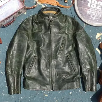 Moto bunda Leather Fashion Kožená bunda z pravé koňské kůže v motorkářském stylu Barva: Zelená, Velikost: M