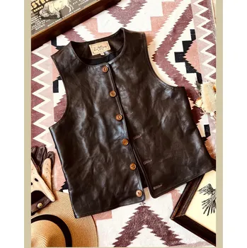 Moto bunda Leather Fashion Vintage vesta z hovězí kůže v japonském stylu Barva: Hnědá, Velikost: 4XL