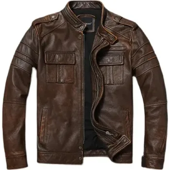Moto bunda Leather Fashion Klasická kožená bunda z hovězí kůže v retro stylu Barva: Hnědá, Velikost: L