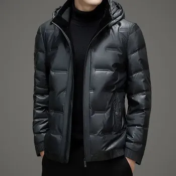 Moto bunda Leather Fashion Zimní péřová bunda z pravé jehněčí kůže s kapucí Barva: Šedá, Velikost: L