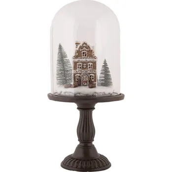 Dóza na potraviny Vánoční dekorace perníkový domeček pod skleněným poklopem na hnědém podstavci – 18x36 cm