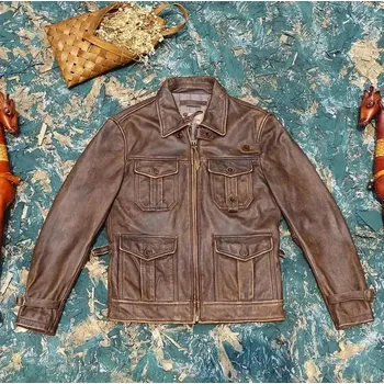 Moto bunda Leather Fashion Kožená bunda s kapsami v loveckém vintage stylu Barva: Světle Hnědá, Velikost: 4XL