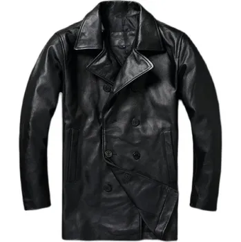 Moto bunda Leather Fashion Dlouhý zimní kabát z hovězí kůže v business stylu Barva: Černá, Velikost: S