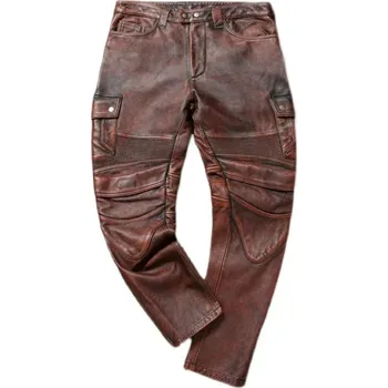 Pánské kalhoty Leather Fashion Kožené kalhoty z pravé kůže s chrániči pro motorkáře Velikost: 3XL, Barva (Varianta): Vintage Red Brown