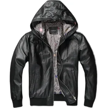 Moto oblečení Leather Fashion Pánská kožená bunda s kapucí z pravé hovězí kůže ve slim střihu Barva: Černá, Velikost: 3XL