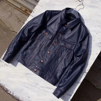 Moto bunda Leather Fashion Džínová kožená bunda z hovězí kůže v ležérním stylu Barva: Modrá, Velikost: L