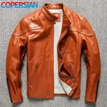 Leather Fashion Slim motorkářská bunda z pravé kůže se stojacím límcem Barva: Oranžová, Velikost: L