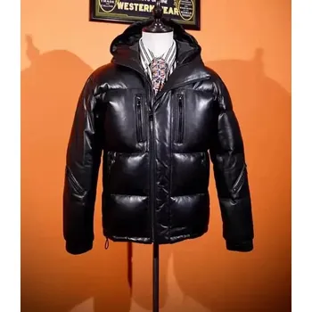 Moto bunda Leather Fashion Zimní bunda z jehněčí kůže s kapucí a péřovou výplní Barva: Černá, Velikost: 4XL