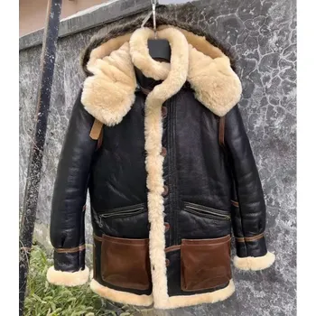 Moto bunda Leather Fashion Dlouhý kabát B7 z jehněčí kůže s hustým kožichem Barva: Černá, Velikost: L