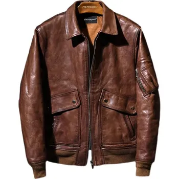 Moto bunda Leather Fashion Kožená bunda z teletiny v retro motorkářském stylu Barva: Hnědá, Velikost: L