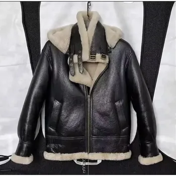 Moto bunda Leather Fashion Zimní bunda z pravé kůže s kapucí a vlněnou podšívkou Barva: Černá, Velikost: 4XL
