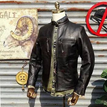 Moto bunda Leather Fashion Pánská kožená bunda ve stylu J100 z koňské kůže v retro designu Barva: Hnědá, Velikost: S