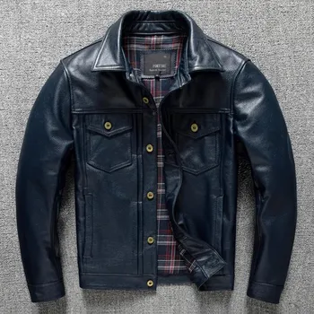 Moto bunda Leather Fashion Kožená bunda z telecí kůže v elegantním stylu Barva: Modrá, Velikost: L