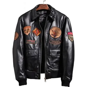 Moto bunda Leather Fashion Vyšívaná pilotní bunda z jehněčí kůže v leteckém stylu Barva: Černá, Velikost: S