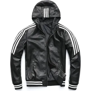 Moto bunda Leather Fashion Kožená bunda s kapucí z pravé kůže ve sportovním stylu Velikost: L, Barva (Varianta): Black Sheepskin