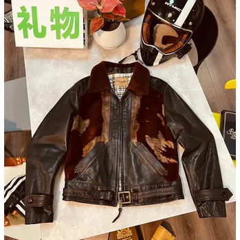 Moto bunda Leather Fashion Pánská bunda z japonské koňské kůže s kožešinovým límcem Velikost: L
