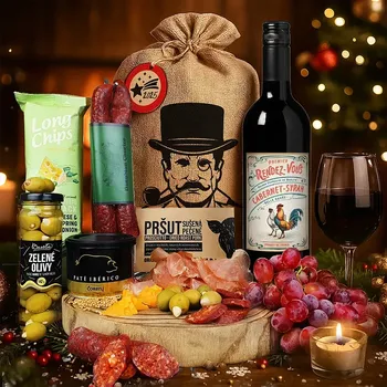 Dárkový potravinový koš Dárkový koš pro muže s červeným vínem k narozeninám, vánocům anebo svátku