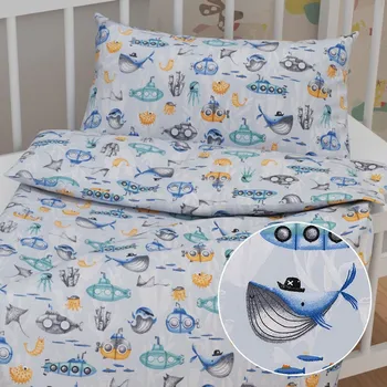 Povlečení Dětské bavlněné povlečení do postýlky Sandra SA-673 Podmořský svět modrý Do postýlky 90x140 a 40x60 cm