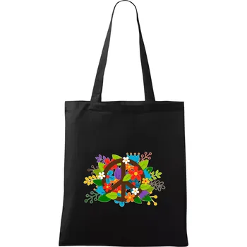 Nákupní taška Peace symbol prorostlý květinami - Taška bavlněná - 42 x 38 cm ( Černá )
