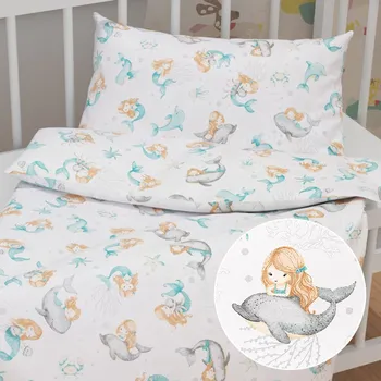 Povlečení Dětské bavlněné povlečení do postýlky Sandra SA-691 Modrozelené mořské panny s delfíny a velrybami na bílém Do postýlky 90x130 a 40x60 cm