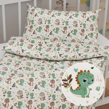 Povlečení Dětské bavlněné povlečení do postýlky Sandra SA-657 Zeleno-hnědí dinosauříci na bílém Do postýlky 90x140 a 50x70 cm
