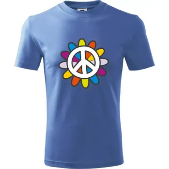 Chlapecké tričko Peace symbol s kreslenou květinou - Tričko dětské bavlněné - 98 cm / 2 roky ( Azurově modrá )