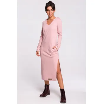 Dámské šaty ŠATY DÁMSKÉ DENNÍ NA PODZIM MAXI S KAPUCÍ RŮŽOVÉ 40 L