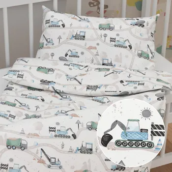 Povlečení Dětské bavlněné povlečení do postýlky Sandra SA-687 Modro-zelená auta a bagry na bílém Do postýlky 90x140 a 50x70 cm