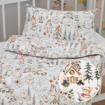 Povlečení Dětské bavlněné povlečení do postýlky Sandra SA-709 Zimní pohádka zeleno-hnědá na bílém Do postýlky 100x135 a 40x60 cm