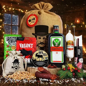 Dárkový potravinový koš Dárkové balení Jagermeister pro muže | Dárkový koš s Jagermeisterem pro chlapa