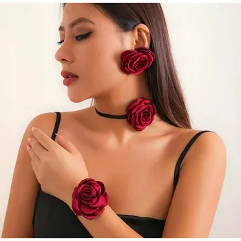 Náhrdelník ATLASOVÁ RŮŽE CHOKER NÁHRDELNÍK NÁRAMKŮ NÁUŠNICE BORDÓ 3V1