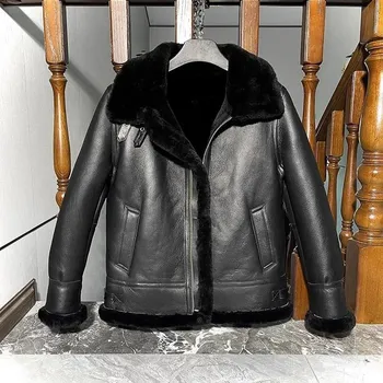Moto bunda Leather Fashion Zimní bunda z ovčí kůže s kožešinou v bomber stylu Barva: Černá, Velikost: L