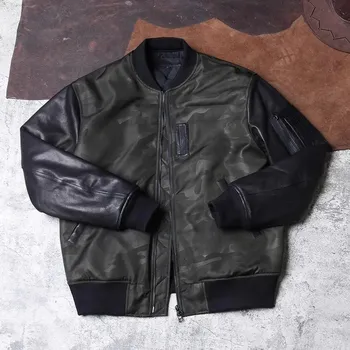 Moto bunda Leather Fashion Zimní bunda MA-1 s koženými rukávy a maskáčovým vzorem Barva: Tmavě Zelená, Velikost: 4XL