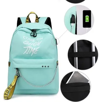 Městský batoh Dívčí batoh pro teenegery s řetízkem nápisy USB Tyrkysový Lifestyle 1902012s1
