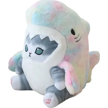 plyšák Plyšová hračka kočkožralok 20 cm Šedá kočka s barevným žralokem Měkký plyš a PP bavlna Originální mazlivý dárek pro děti i dospělé