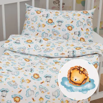 Povlečení Dětské bavlněné povlečení do postýlky Sandra SA-693 Africká zvířátka na modrých obláčcích na bílém Do postýlky 90x130 a 40x60 cm