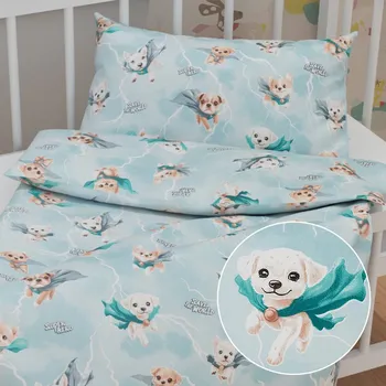 Povlečení Dětské bavlněné povlečení do postýlky Sandra SA-651 Psí superhrdinové na ledově modrém Do postýlky 90x120 a 40x60 cm