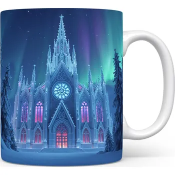 Sklenice Hrnek s vánočním motivem – gotická katedrála pod polární září – sníh, katedrála – varianta 67