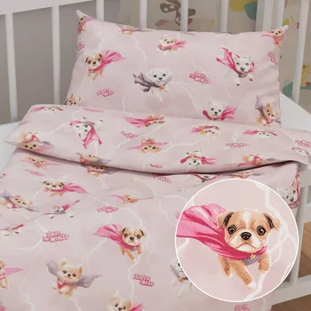 Povlečení Dětské bavlněné povlečení do postýlky Sandra SA-650 Psí superhrdinové na starorůžovém Do postýlky 90x120 a 40x60 cm